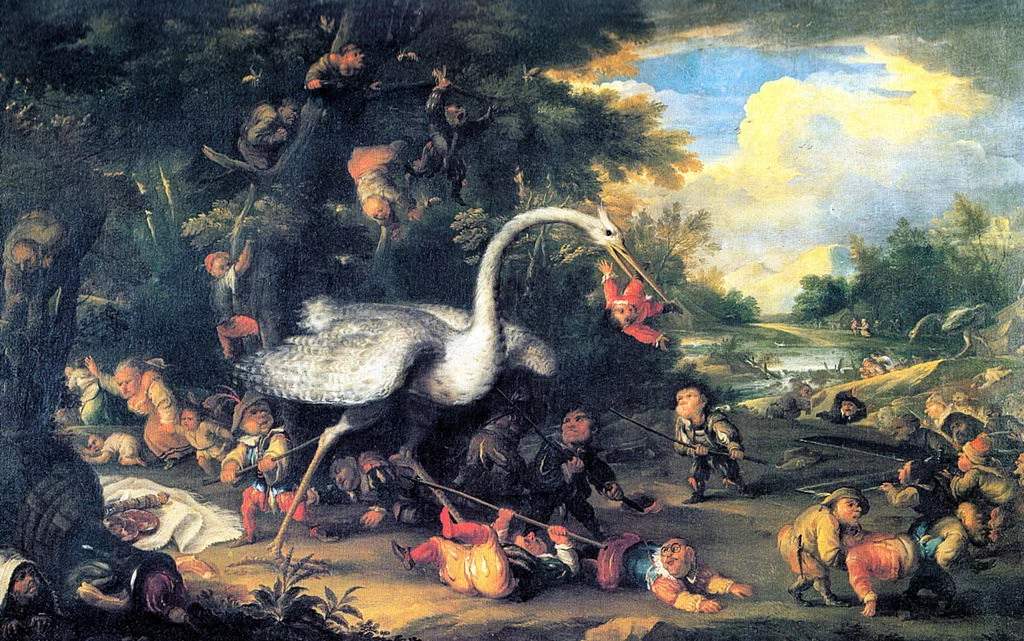  54-Paesaggio con nani che lottano con un airone 